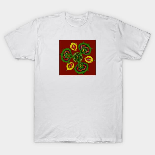 Petaaw Dance of the Cowrie Mystical African Patterns Red Yellow Green T-Shirt by Tony Cisse Art Originals